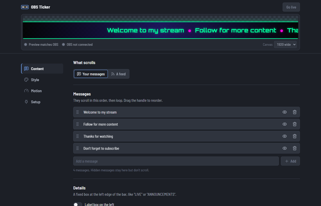 The running OBS Ticker control panel with message editing and a scrolling overlay preview.